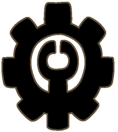 A black gear with a wrench inside, and a light brown outline.